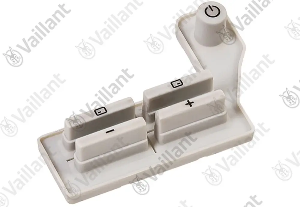 Vaillant Bedienelement in Weiß mit mehreren Tasten, darunter Plus- und Minustaste sowie Ein-/Ausschalter, auf einer rechteckigen Basis angeordnet.